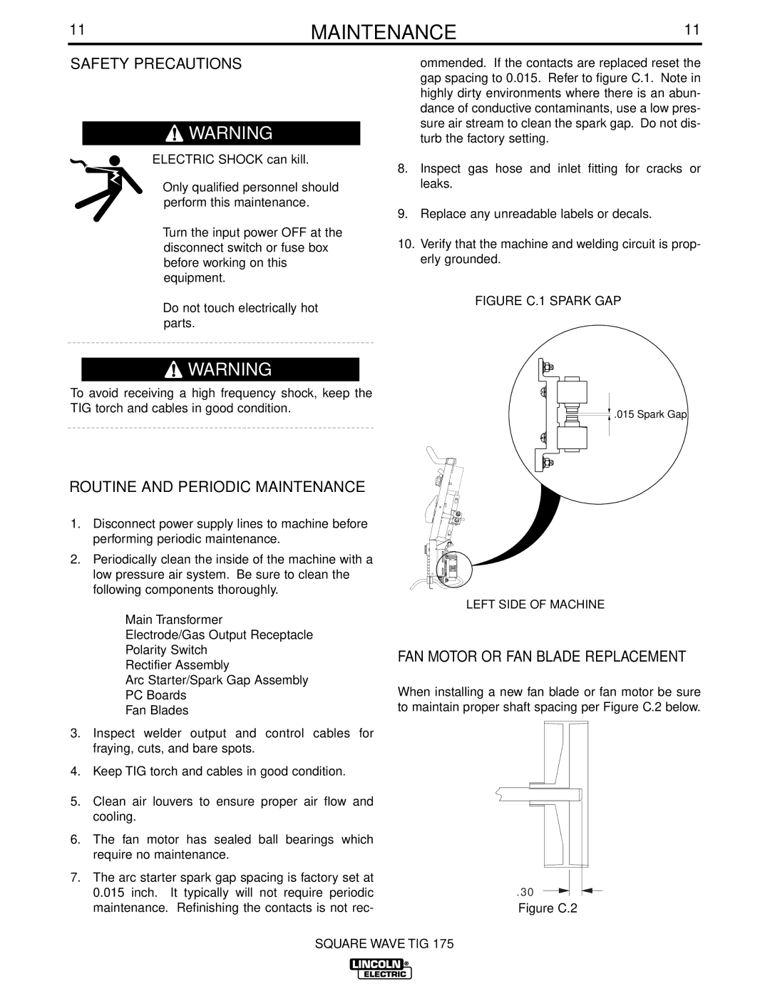 Lincoln Electric IM565-B Safety Precautions, Routine and Periodic Maintenance, FAN Motor or FAN Blade Replacement 