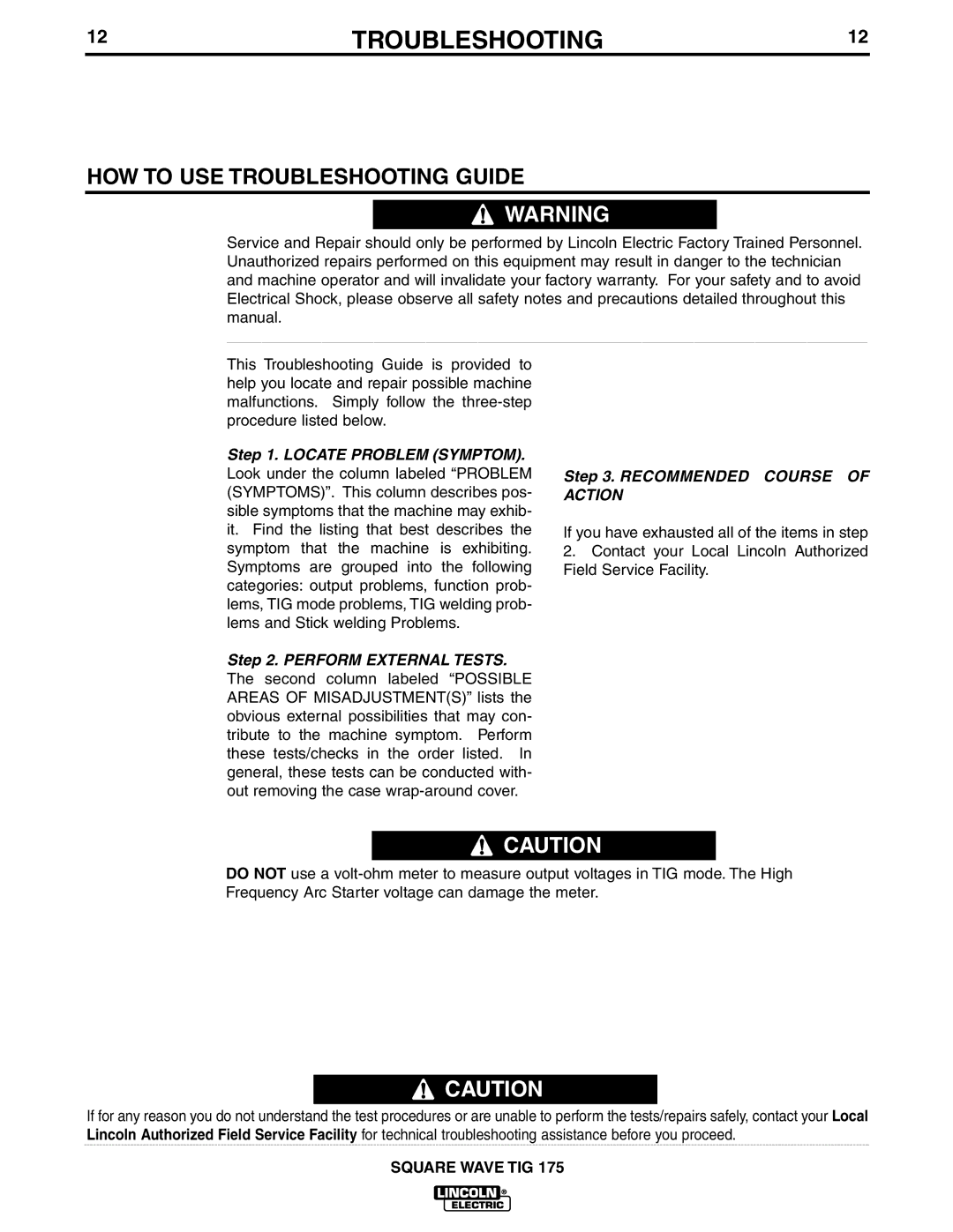 Lincoln Electric IM565-B manual HOW to USE Troubleshooting Guide 