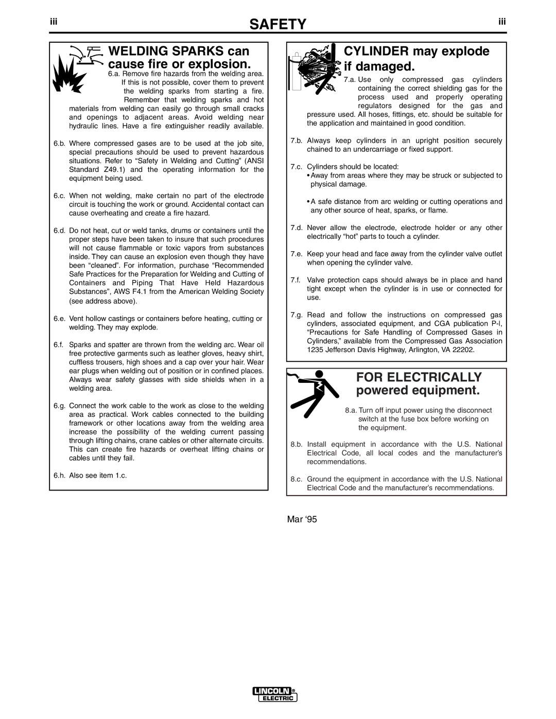 Lincoln Electric IM565-B manual Welding Sparks can cause fire or explosion, Iii 