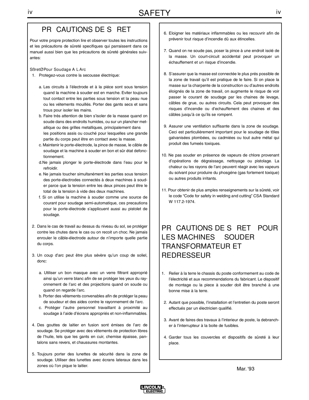 Lincoln Electric IM565-B manual Précautions DE Sûreté, Sûreté Pour Soudage a L’Arc 