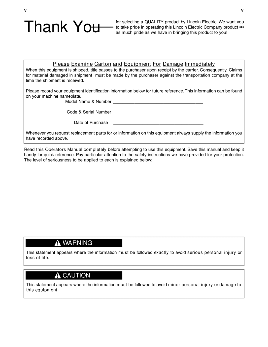 Lincoln Electric IM565-B manual Thank You 