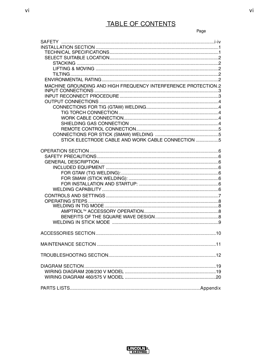 Lincoln Electric IM565-B manual Table of Contents 