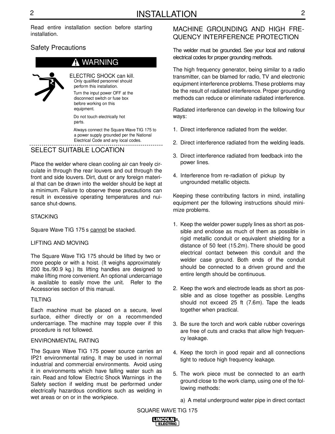 Lincoln Electric IM565-B manual Select Suitable Location, Stacking, Lifting and Moving, Tilting, Environmental Rating 