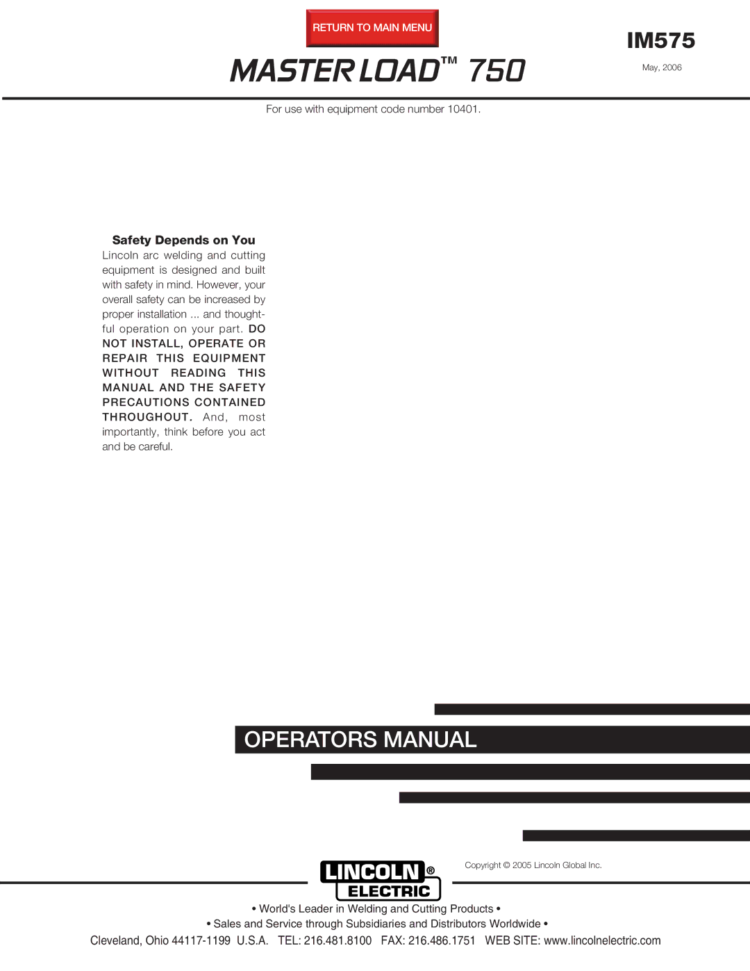 Lincoln Electric IM575 manual Master Load 