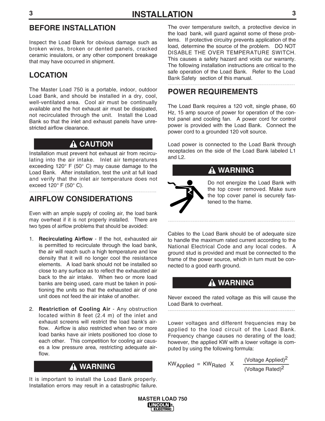 Lincoln Electric IM575 manual Before Installation, Location, Airflow Considerations, Power Requirements 