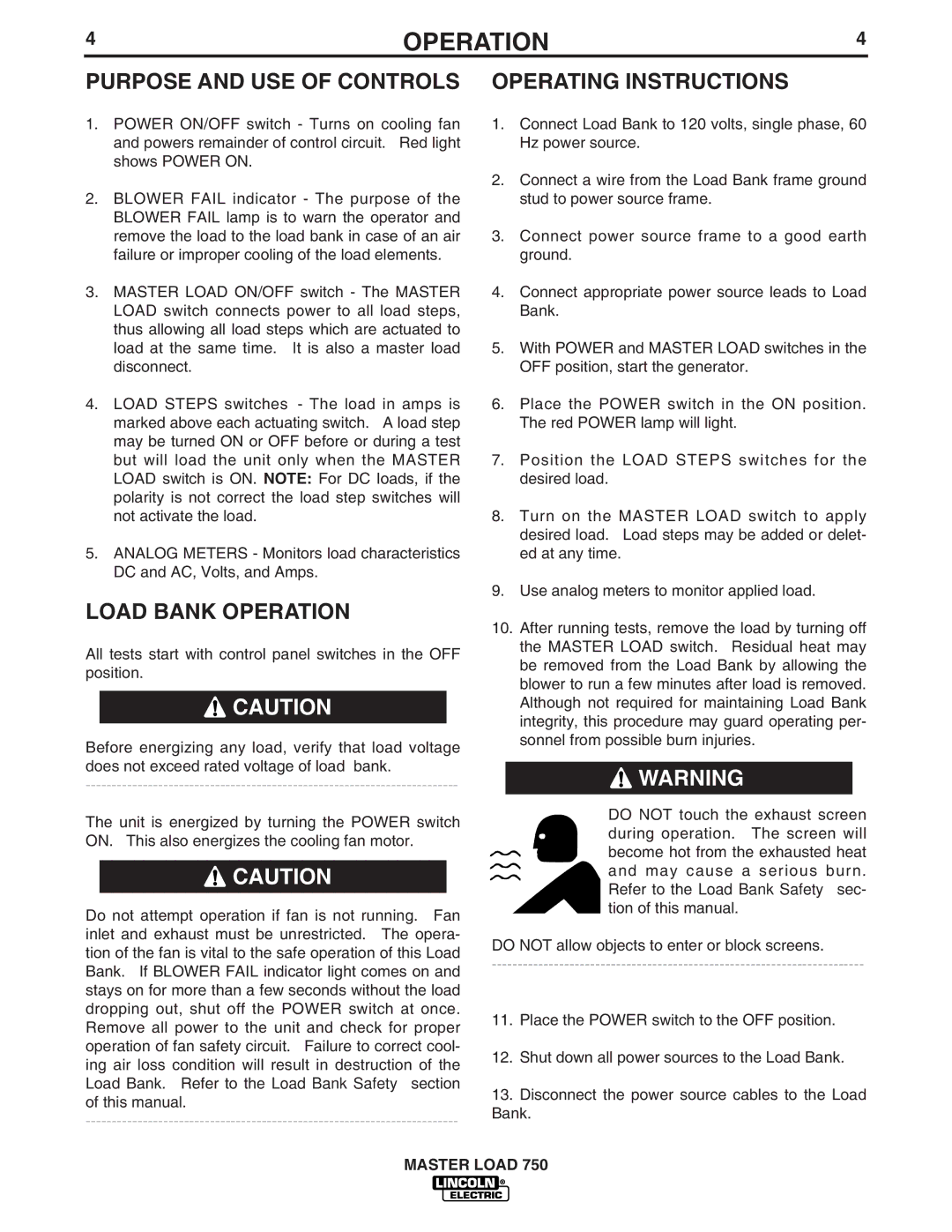 Lincoln Electric IM575 manual Purpose and USE of Controls, Load Bank Operation, Operating Instructions 