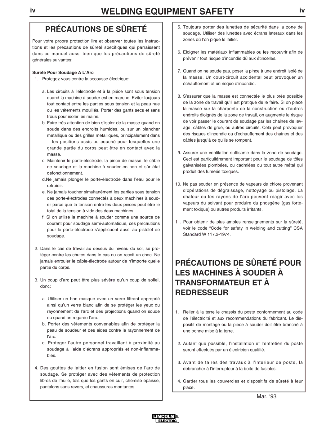 Lincoln Electric IM575 manual Précautions DE Sûreté, Sûreté Pour Soudage a L’Arc 