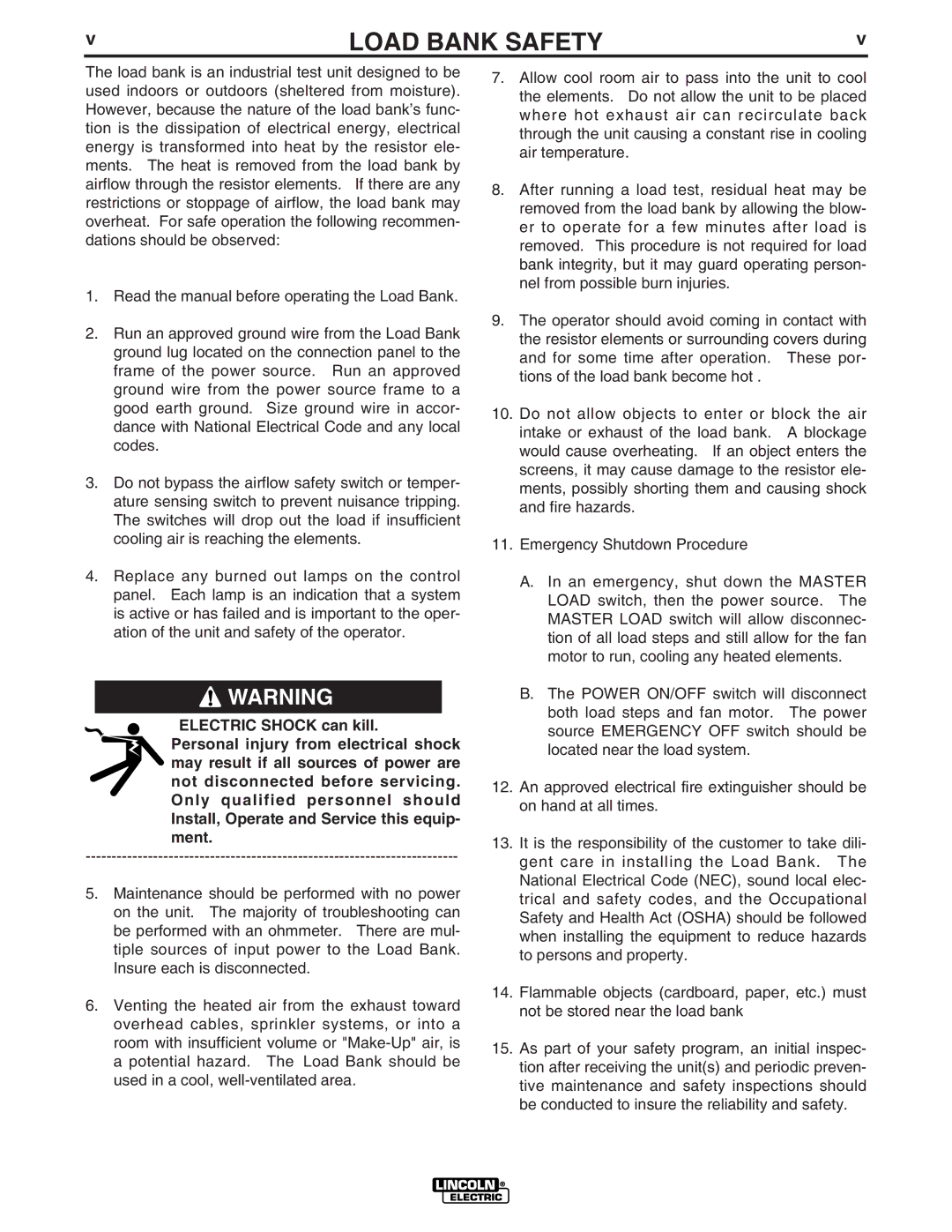 Lincoln Electric IM575 manual Load Bank Safety 
