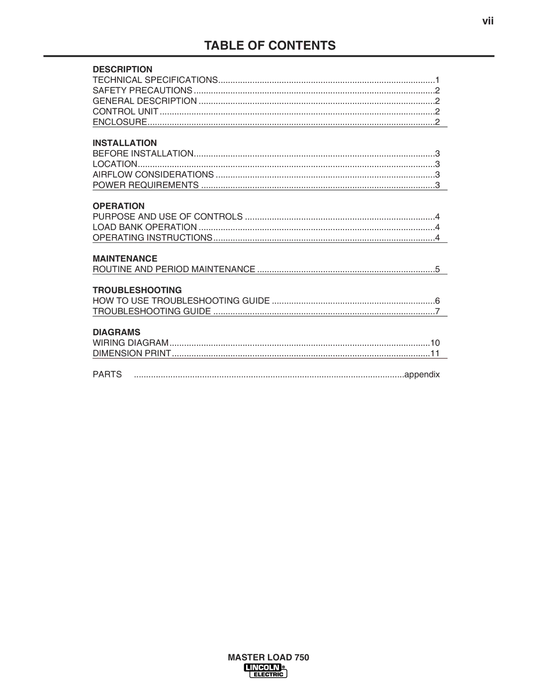 Lincoln Electric IM575 manual Table of Contents 