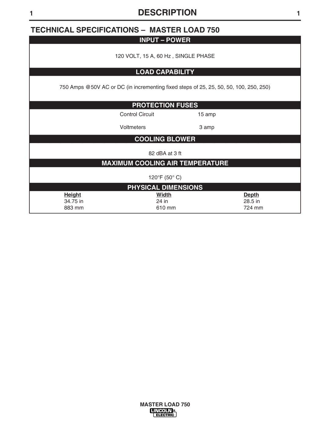 Lincoln Electric IM575 manual Description, Technical Specifications Master Load 