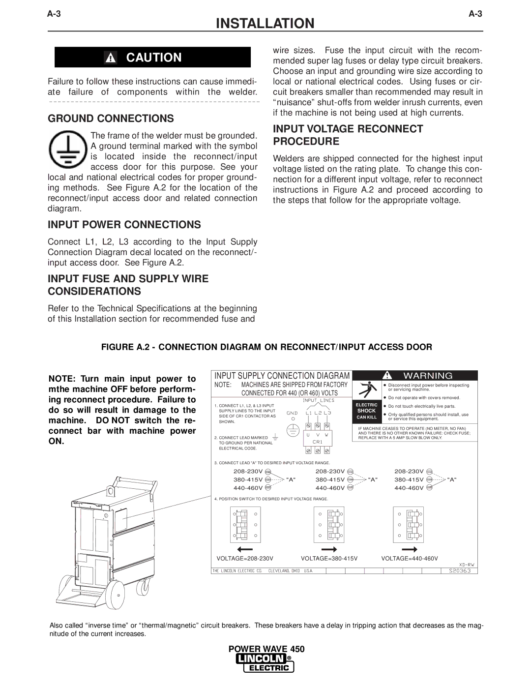 Lincoln Electric IM579 manual Ground Connections, Input Voltage Reconnect Procedure, Input Power Connections 