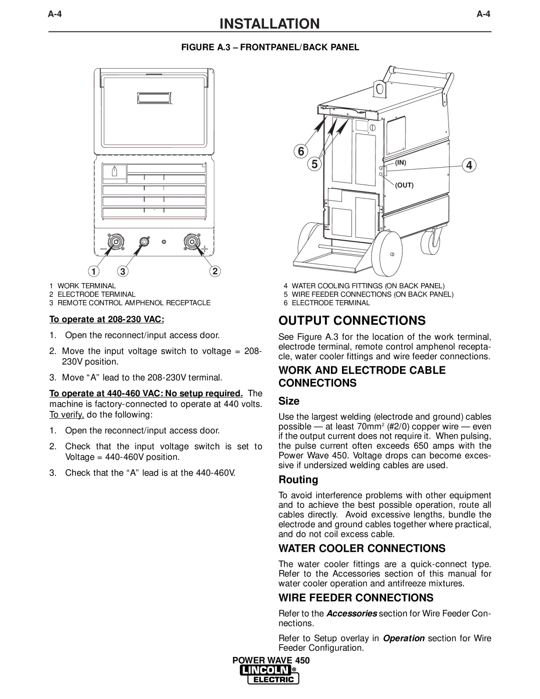 Lincoln Electric IM579 manual Output Connections, Work and Electrode Cable Connections, Water Cooler Connections 