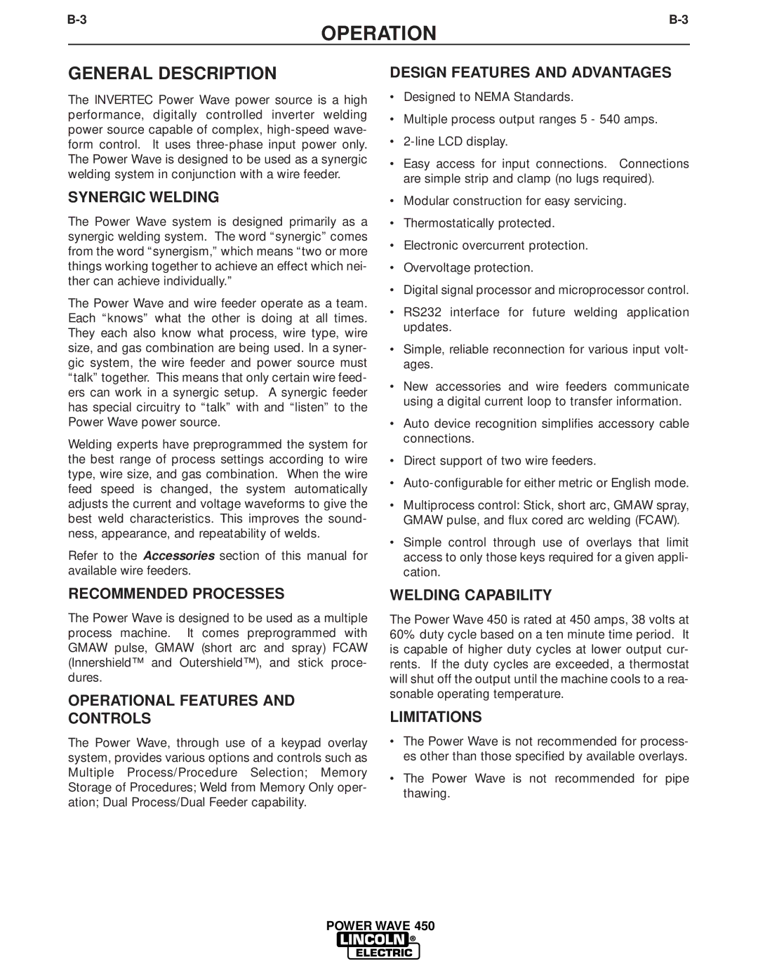 Lincoln Electric IM579 manual Synergic Welding, Design Features and Advantages, Recommended Processes, Welding Capability 