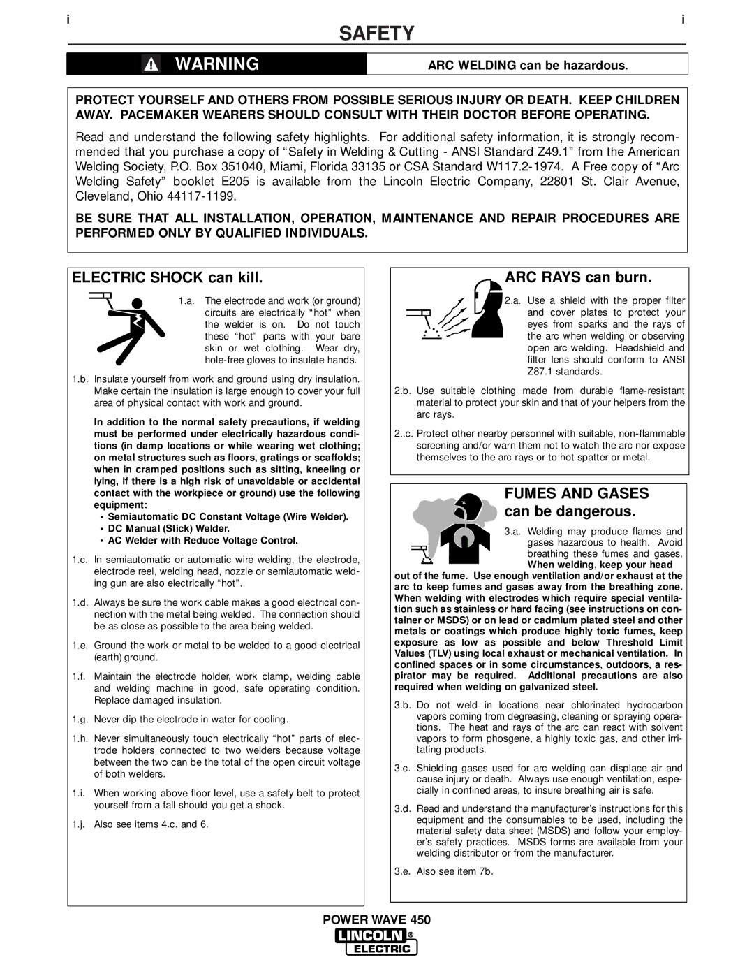 Lincoln Electric IM579 manual Safety, Electric Shock can kill, ARC Rays can burn, Fumes and Gases can be dangerous 