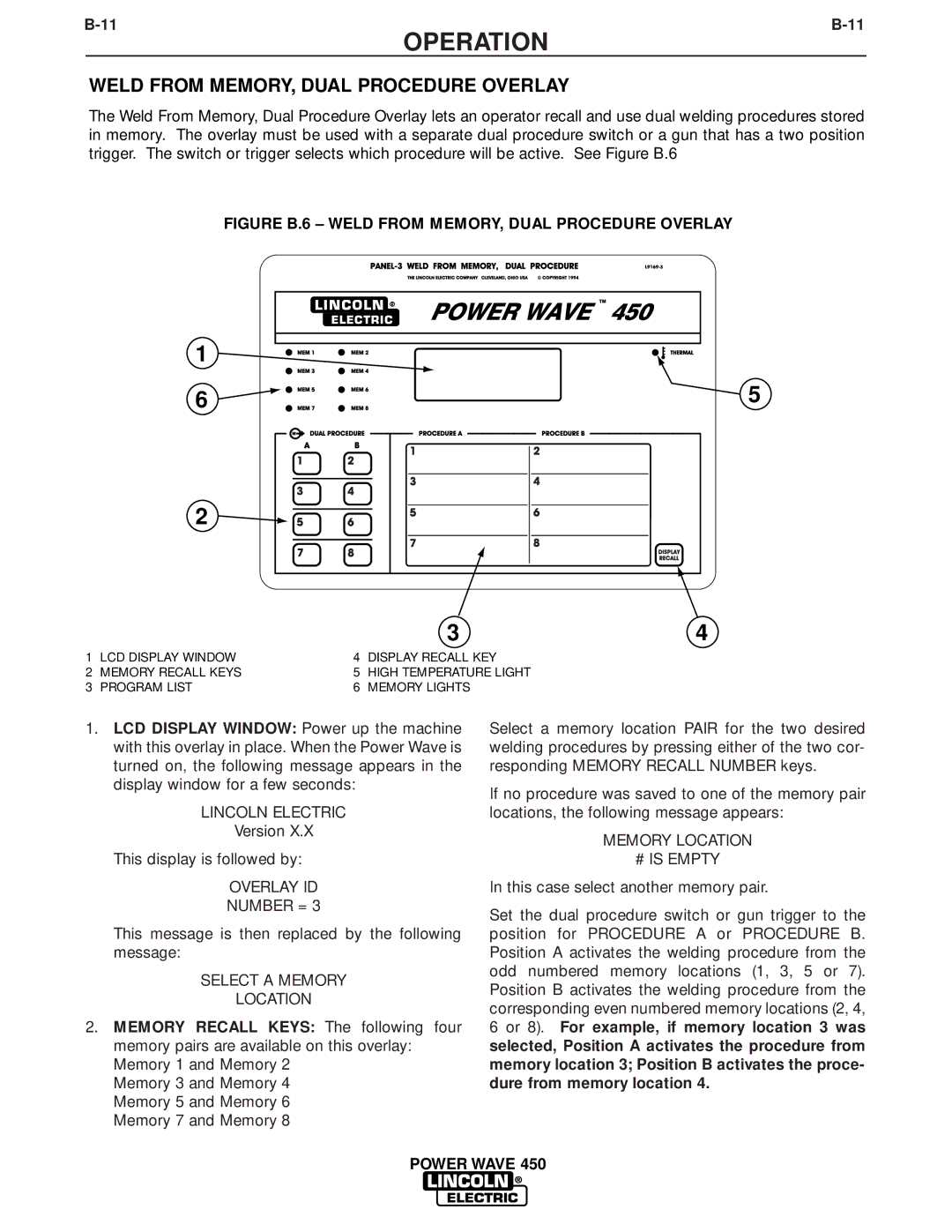 Lincoln Electric IM579 manual Figure B.6 Weld from MEMORY, Dual Procedure Overlay 