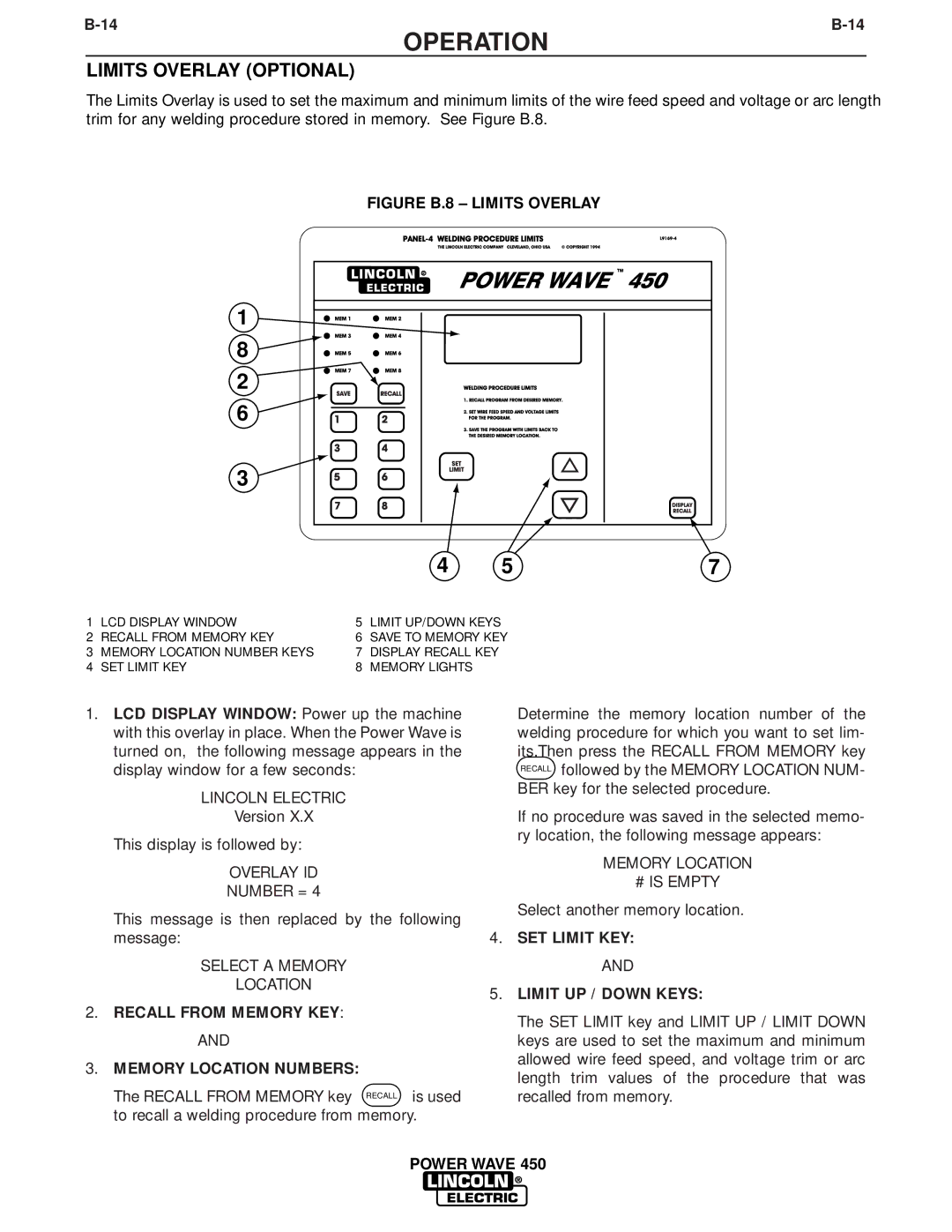 Lincoln Electric IM579 manual Limits Overlay Optional, Recall from Memory KEY Memory Location Numbers 