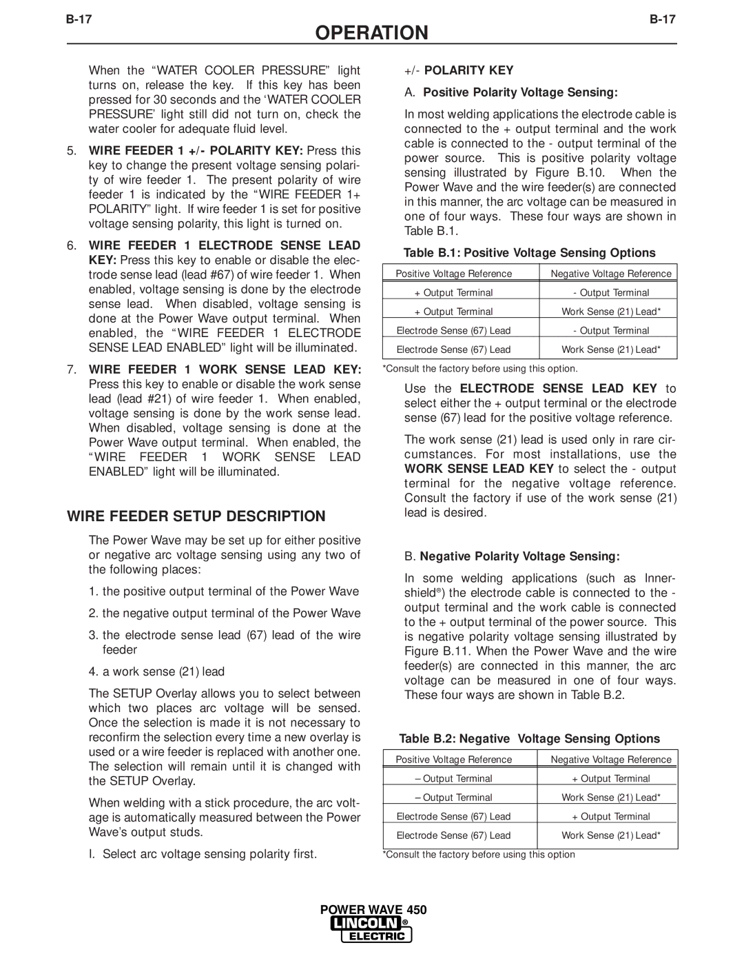 Lincoln Electric IM579 manual Wire Feeder Setup Description, +/- Polarity KEY 