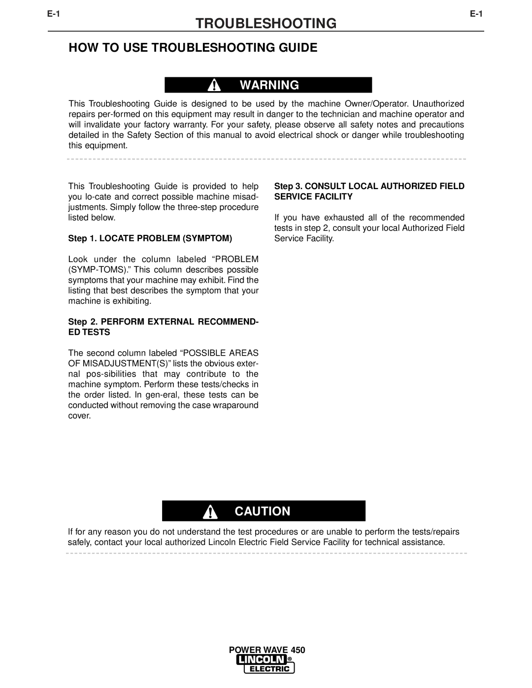 Lincoln Electric IM579 manual HOW to USE Troubleshooting Guide, ED Tests 