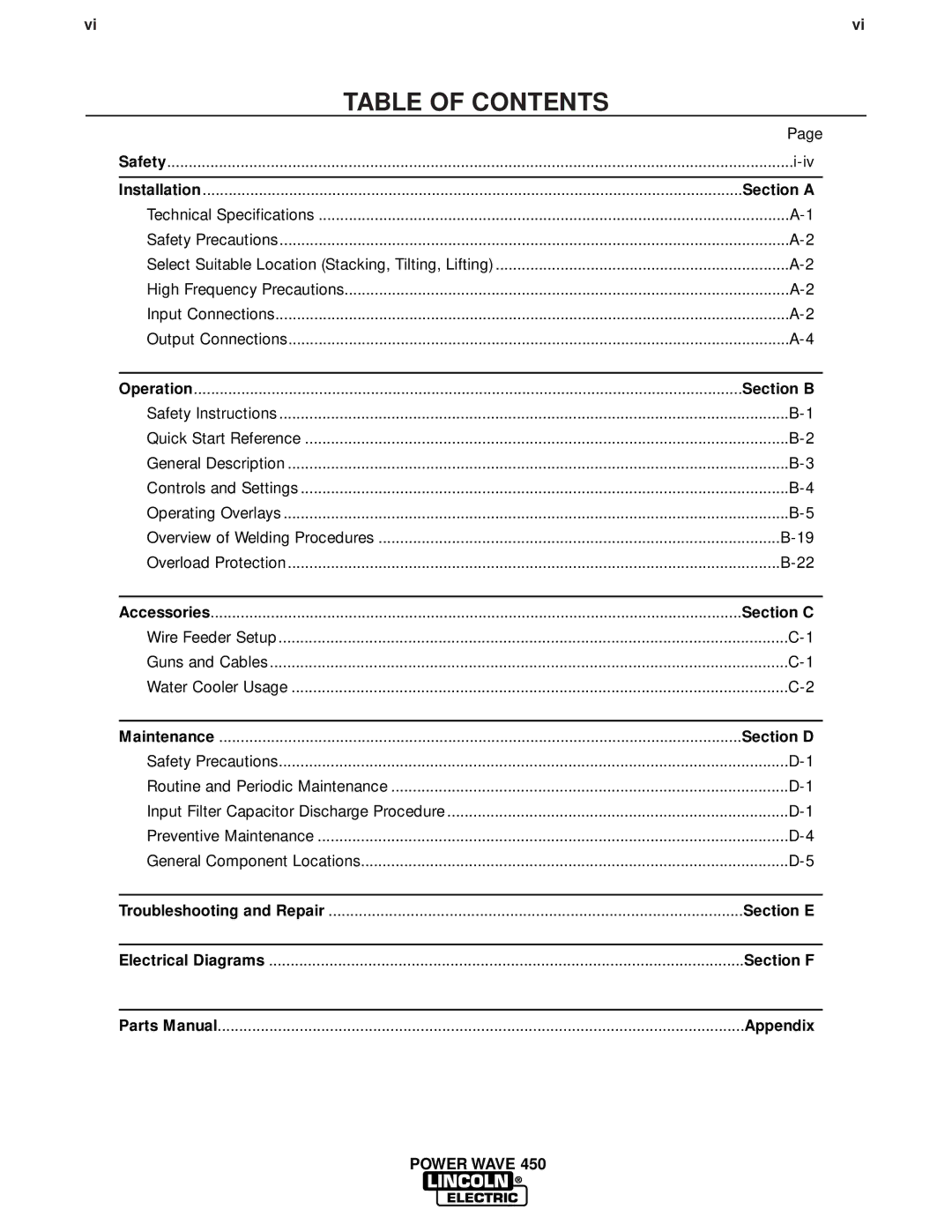 Lincoln Electric IM579 manual Table of Contents 