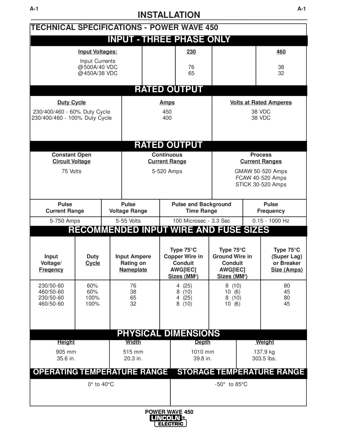 Lincoln Electric IM579 manual Installation, Technical Specifications Power Wave 