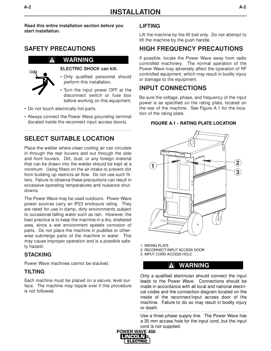 Lincoln Electric IM579 manual Safety Precautions, High Frequency Precautions, Input Connections, Select Suitable Location 