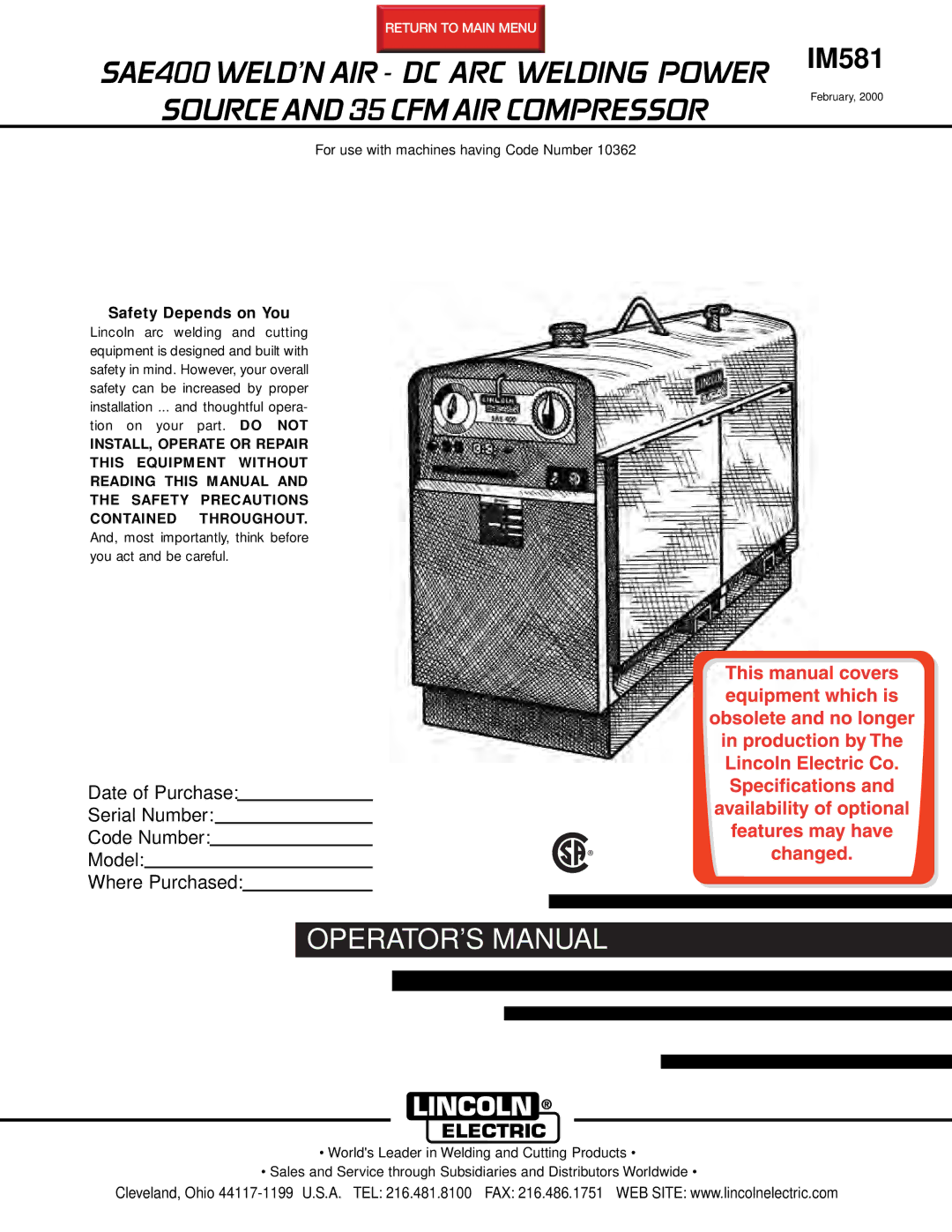 Lincoln Electric IM581 manual 