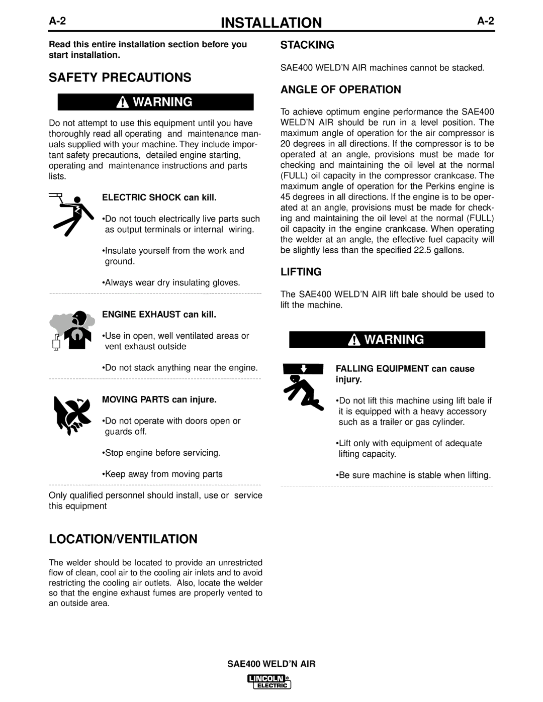 Lincoln Electric IM581 manual Safety Precautions, Location/Ventilation, Stacking, Angle of Operation, Lifting 