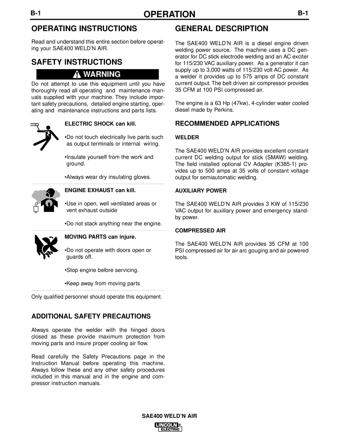 Lincoln Electric IM581 manual Operation, Operating Instructions, Safety Instructions, General Description 