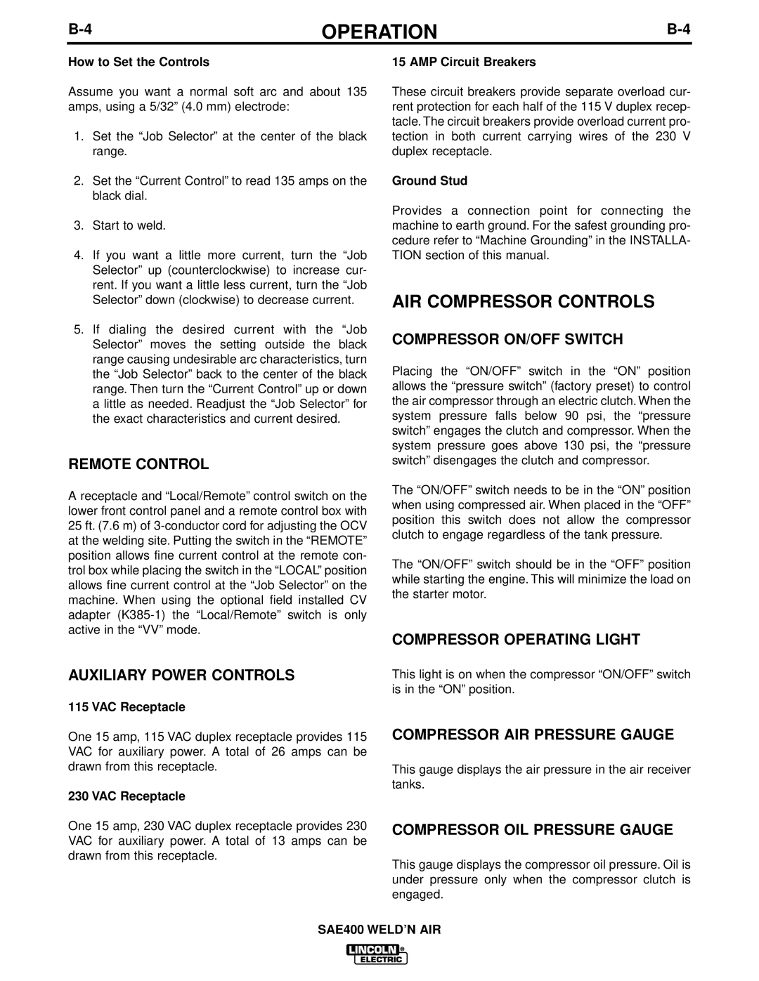 Lincoln Electric IM581 manual AIR Compressor Controls 