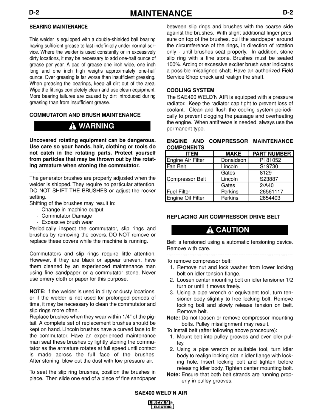 Lincoln Electric IM581 manual Bearing Maintenance, Commutator and Brush Maintenance, Cooling System 