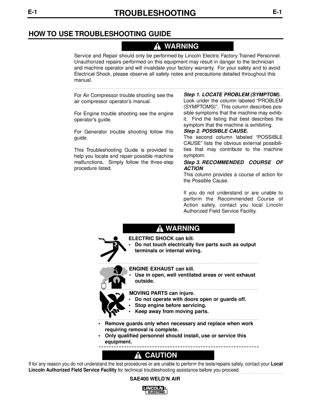 Lincoln Electric IM581 manual 1TROUBLESHOOTINGE-1, HOW to USE Troubleshooting Guide 