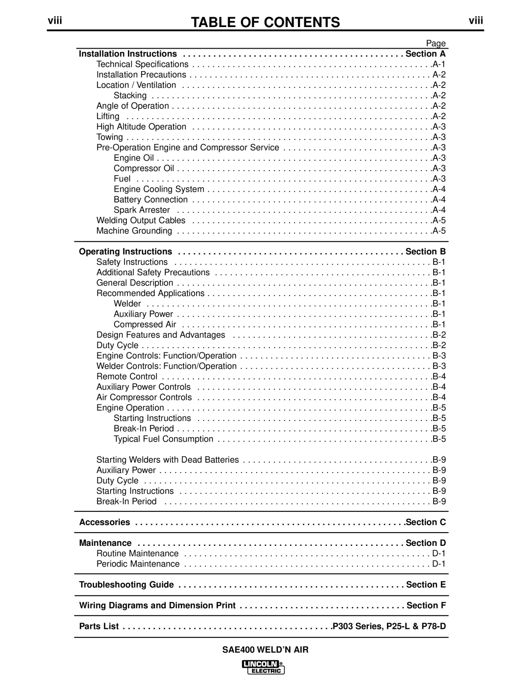 Lincoln Electric IM581 manual Table of Contents 