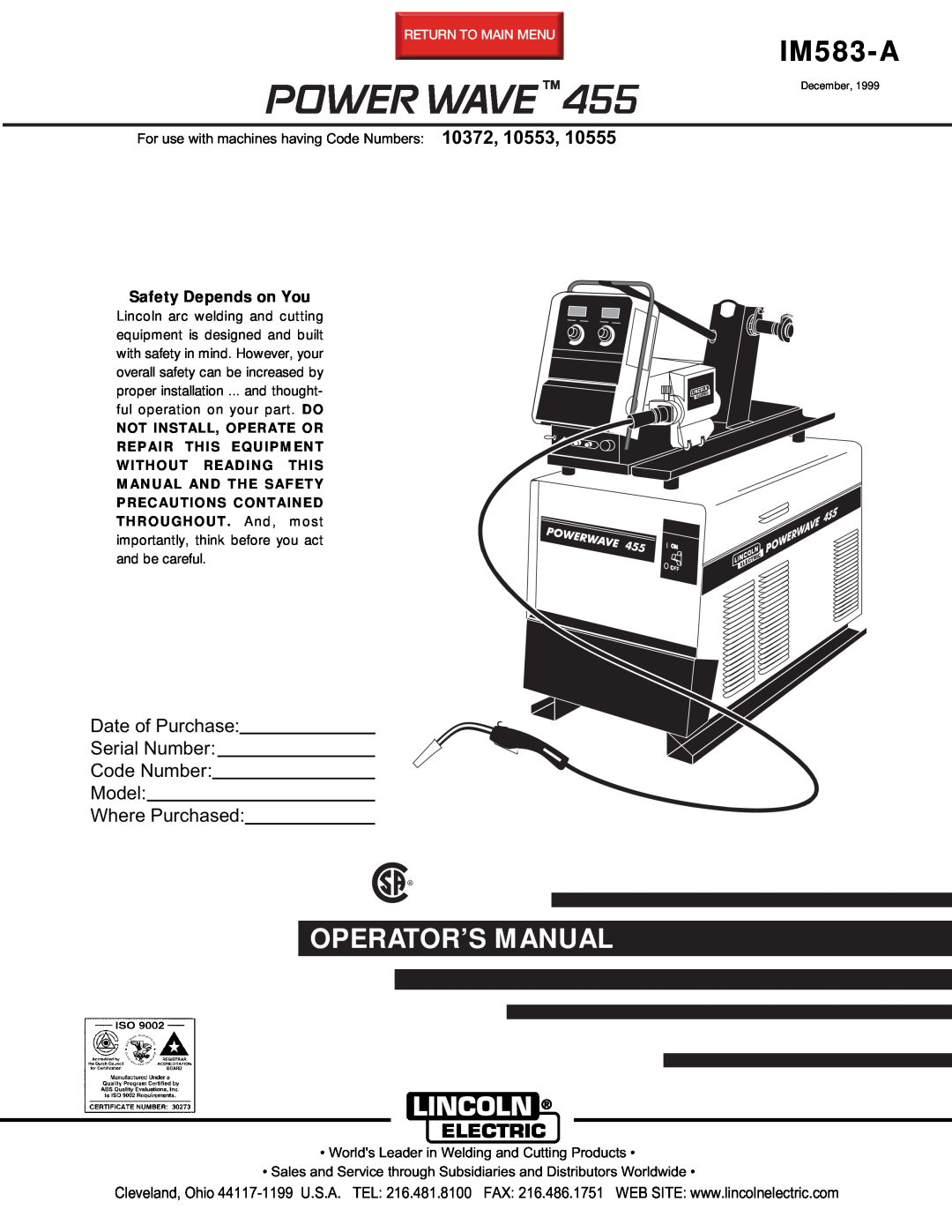 Lincoln Electric IM583-A manual Date of Purchase Serial Number Code Number Model Where Purchased, Power Wave 