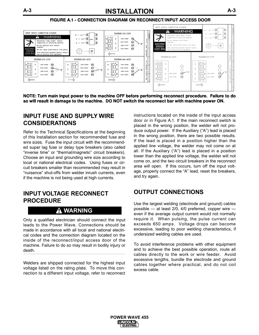 Lincoln Electric IM583-A Input Fuse And Supply Wire Considerations, Input Voltage Reconnect Procedure, Output Connections 
