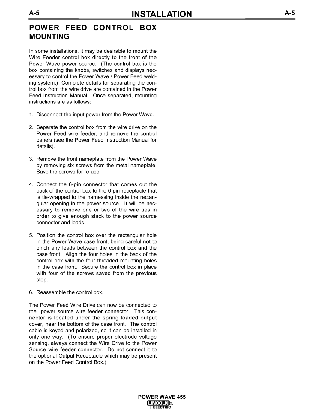 Lincoln Electric IM583-A manual Power Feed Control Box Mounting, Installation, Power Wave 