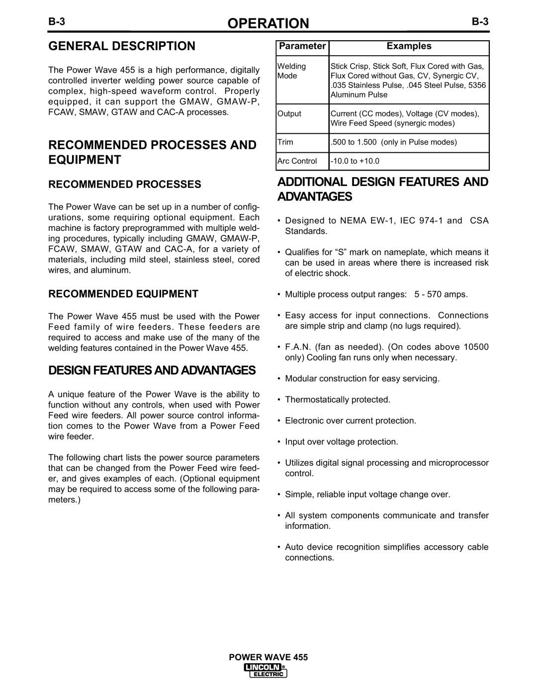 Lincoln Electric IM583-A manual General Description, Recommended Processes And Equipment, Design Features And Advantages 