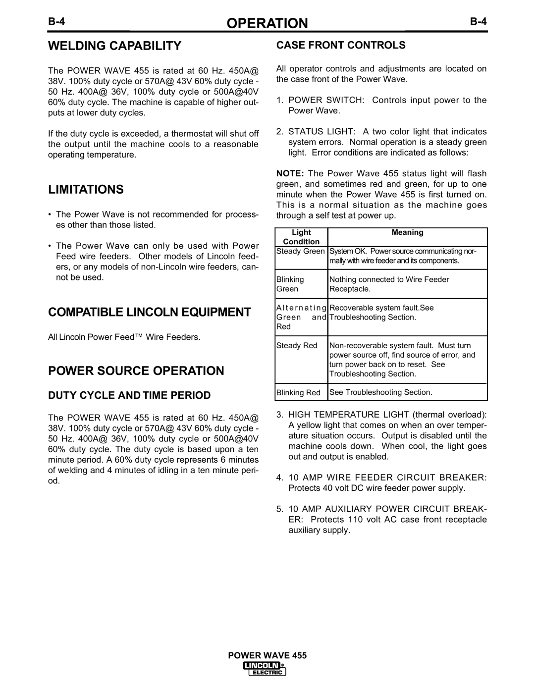 Lincoln Electric IM583-A Welding Capability, Limitations, Compatible Lincoln Equipment, Power Source Operation, Power Wave 