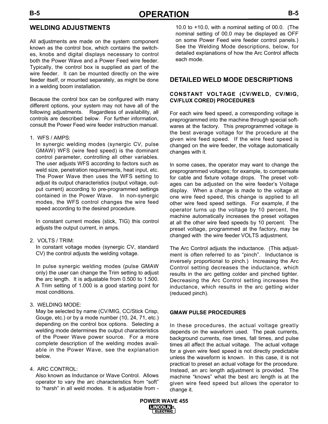 Lincoln Electric IM583-A manual Welding Adjustments, Detailed Weld Mode Descriptions, Operation, Gmaw Pulse Procedures 