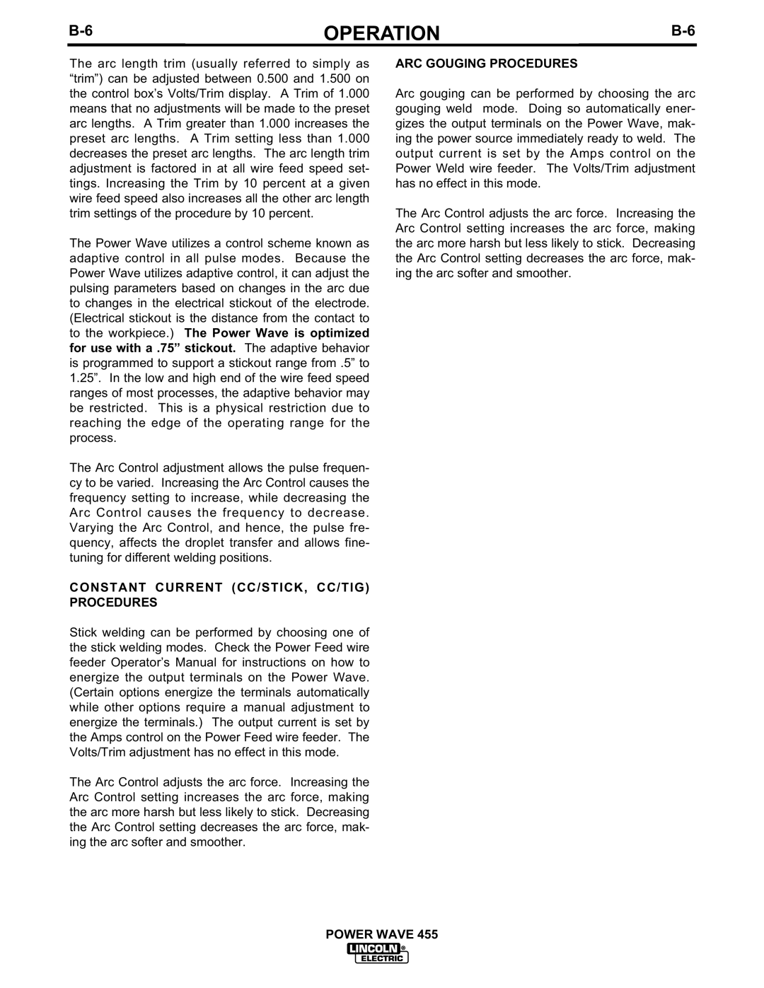 Lincoln Electric IM583-A manual Operation, Constant Current Cc/Stick, Cc/Tig Procedures, Arc Gouging Procedures, Power Wave 