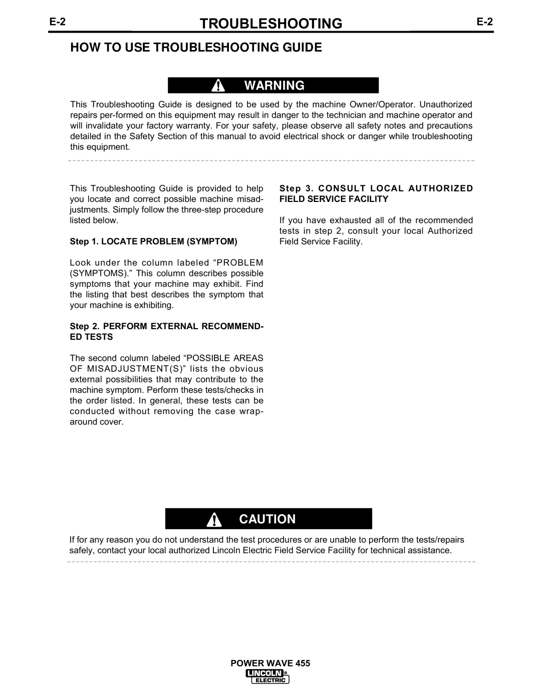 Lincoln Electric IM583-A How To Use Troubleshooting Guide, Locate Problem Symptom, Perform External Recommend Ed Tests 