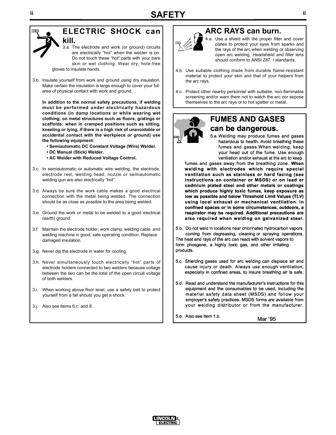 Lincoln Electric IM583-A manual ELECTRIC SHOCK can kill, ARC RAYS can burn, FUMES AND GASES can be dangerous, Safety 