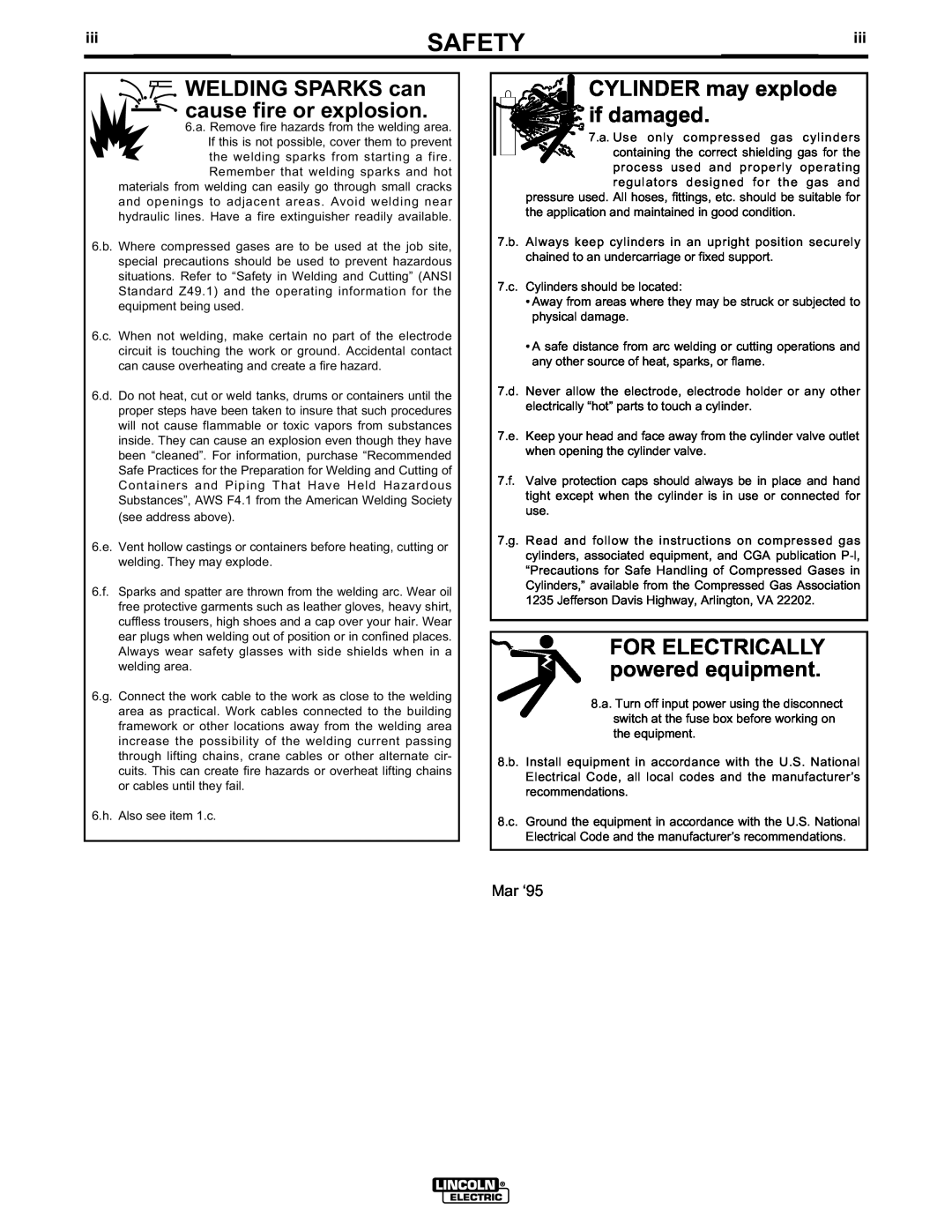 Lincoln Electric IM583-A manual CYLINDER may explode if damaged, WELDING SPARKS can cause fire or explosion, Safety 