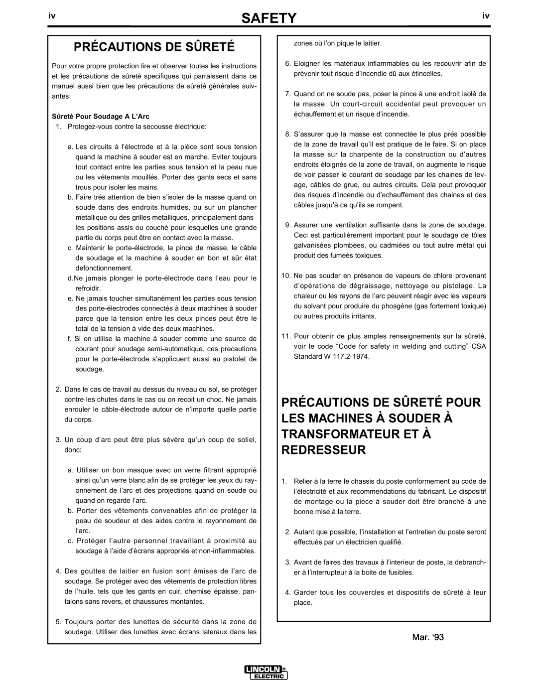 Lincoln Electric IM583-A manual Précautions De Sûreté, Safety, Mar. ‘93, Sûreté Pour Soudage A L’Arc 