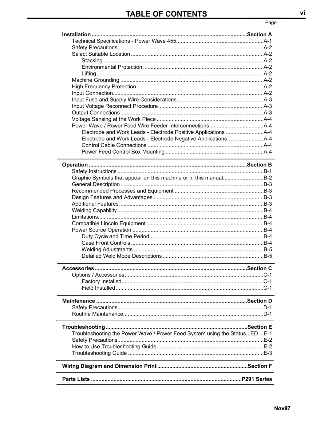 Lincoln Electric IM583-A Table Of Contents, Section A, Section B, Section C, Section D, Section E, Section F, P291 Series 