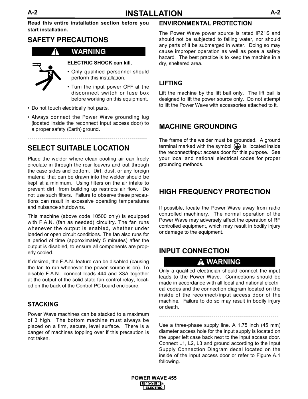 Lincoln Electric IM583-A manual Safety Precautions, Select Suitable Location, Machine Grounding, High Frequency Protection 