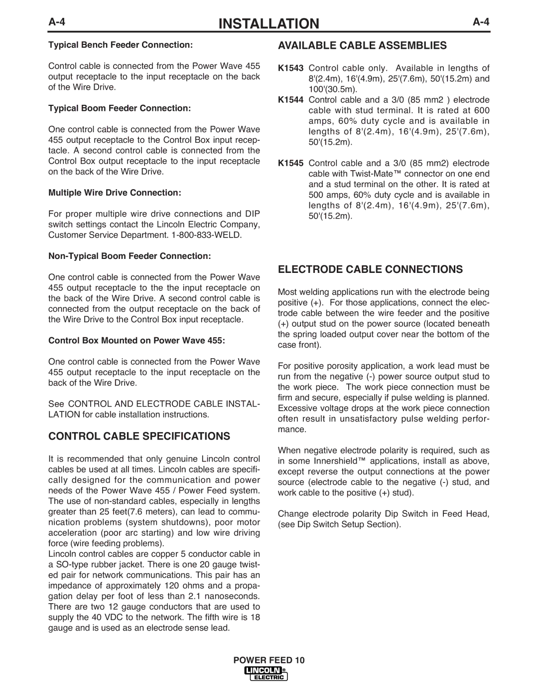 Lincoln Electric IM584-D manual Control Cable Specifications, Available Cable Assemblies, Electrode Cable Connections 