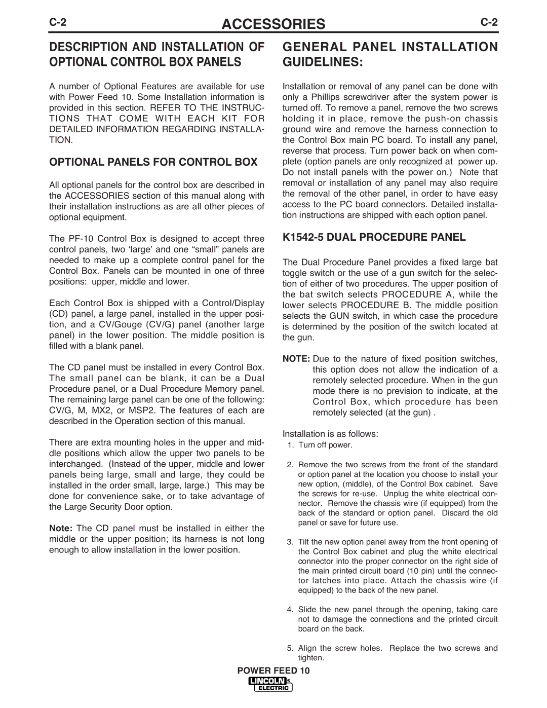 Lincoln Electric IM584-D manual Description and Installation of Optional Control BOX Panels, K1542-5 Dual Procedure Panel 