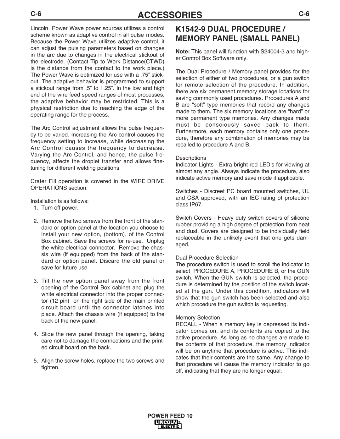 Lincoln Electric IM584-D manual K1542-9 Dual Procedure Memory Panel Small Panel 