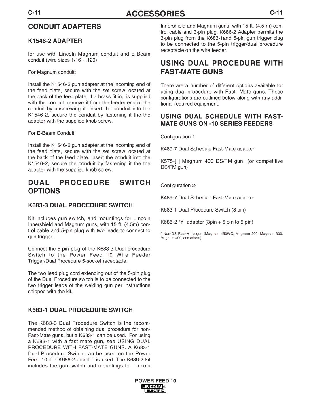 Lincoln Electric IM584-D manual Conduit Adapters, Dual Procedure Switch Options, Using Dual Procedure with FAST-MATE Guns 