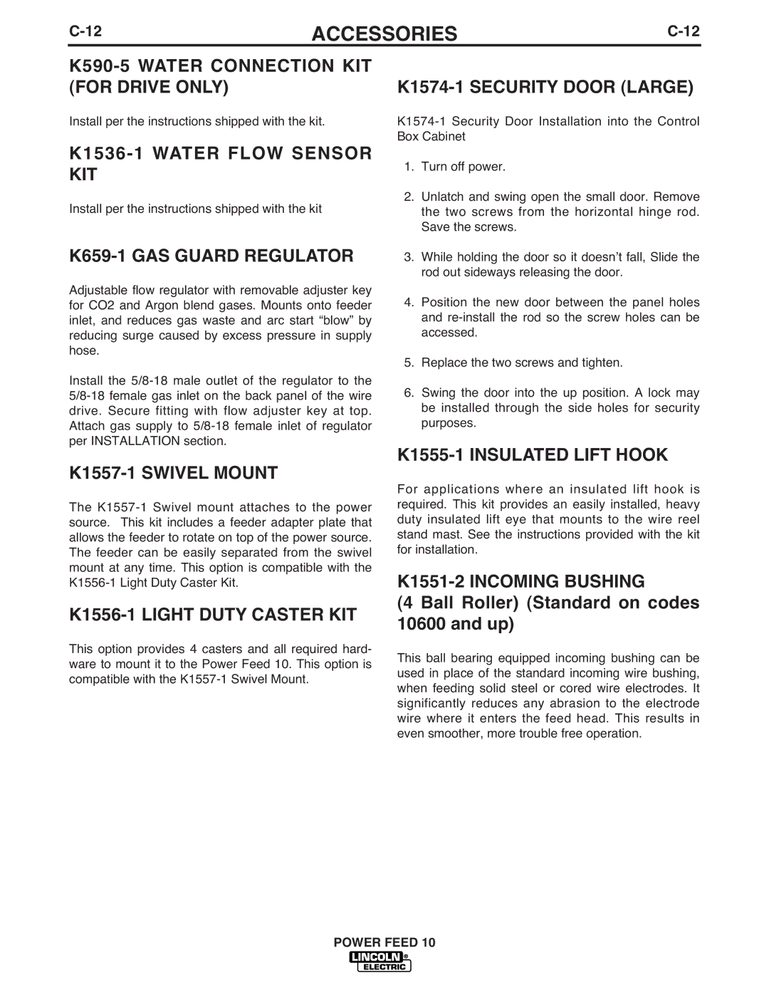 Lincoln Electric IM584-D K590-5 Water Connection KIT for Drive only, K1536-1 Water Flow Sensor KIT, K1557-1 Swivel Mount 